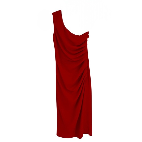 Dress The Population Martine One Shoulder Dress Size XS Red Ruched Midi Party - Picture 4 of 10